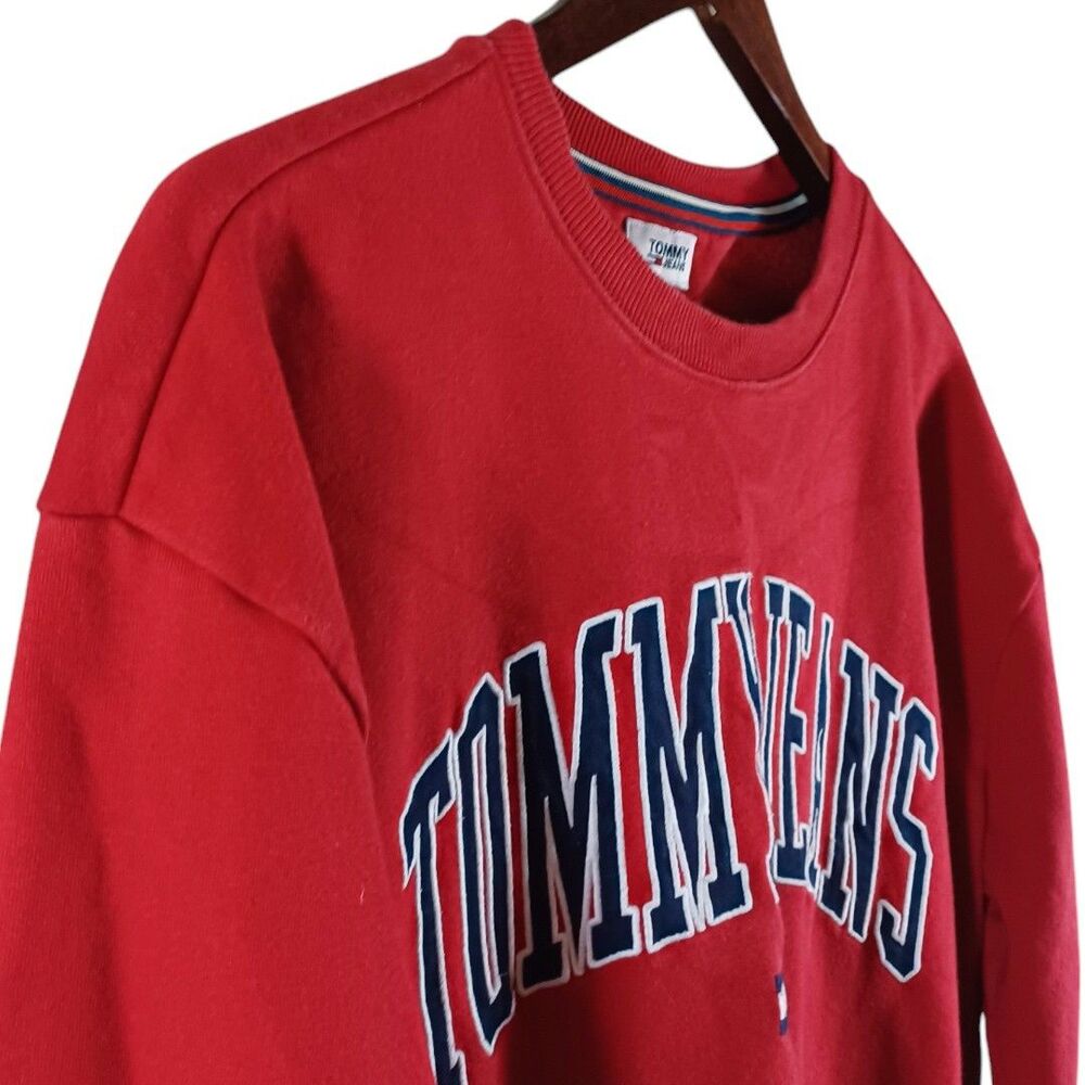 90s Vtg Tommy Hilfiger S Red Americana Short Crewneck Spellout Sweatshirt Jumper - Picture 3 of 9
